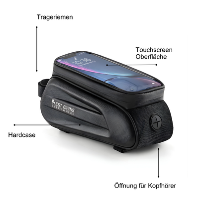 Fahrrad-Rahmentasche in Schwarz mit wasserabweisender Oberfläche bei Regenspritzern als Wetterschutz-Demonstration