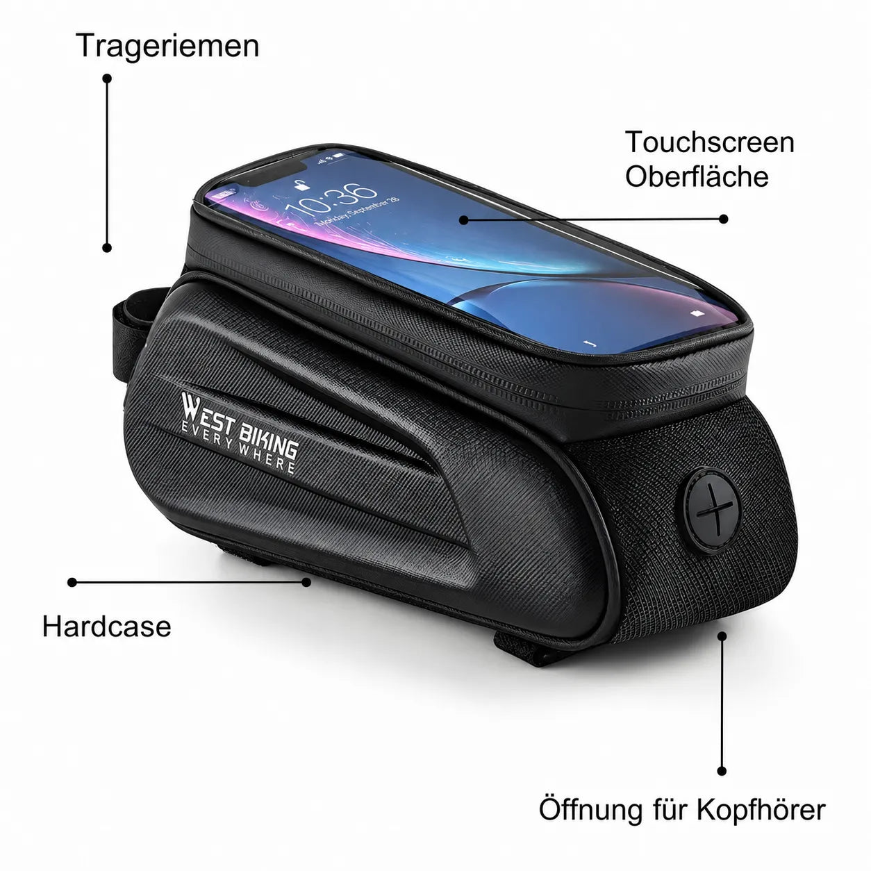 Fahrrad Rahmentasche mit Touch‑Sichtfenster und Hardcase‑Schutz – Smartphone direkt bedienbar mit Kopfhörer‑Öffnung