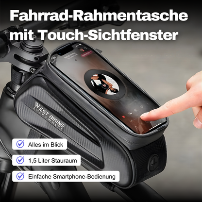 Fahrrad-Rahmentasche mit Touch-Sichtfenster in Schwarz montiert am Fahrradrahmen für Smartphone-Zugriff während der Fahrt