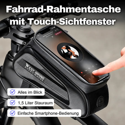 Fahrrad Rahmentasche mit Touch‑Sichtfenster und 1,5 Liter Stauraum – einfache Smartphone‑Bedienung direkt am Lenker