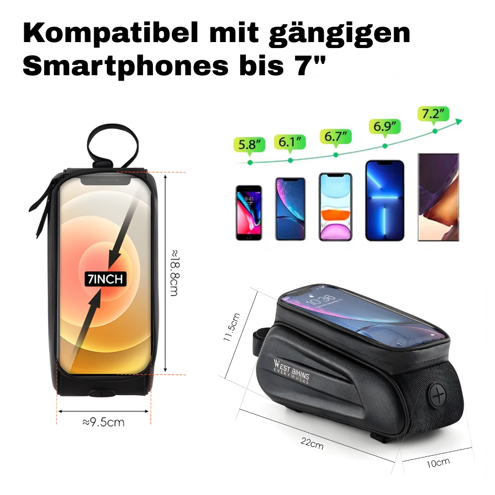Fahrrad-Rahmentasche mit sichtbarer Navigations-App auf dem Smartphone-Display während einer Radtour