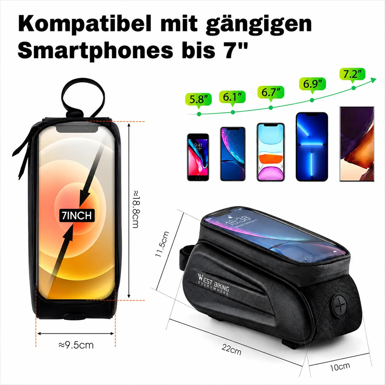Fahrrad Rahmentasche mit Touch‑Sichtfenster – kompatibel mit Smartphones bis 7 Zoll, inklusive praktischer Maße