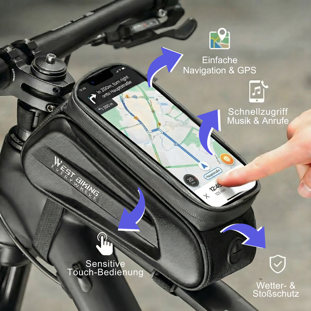 Nahaufnahme des Touch-Sichtfensters der Fahrrad-Rahmentasche mit sichtbarem Smartphone-Display und Navigations-App