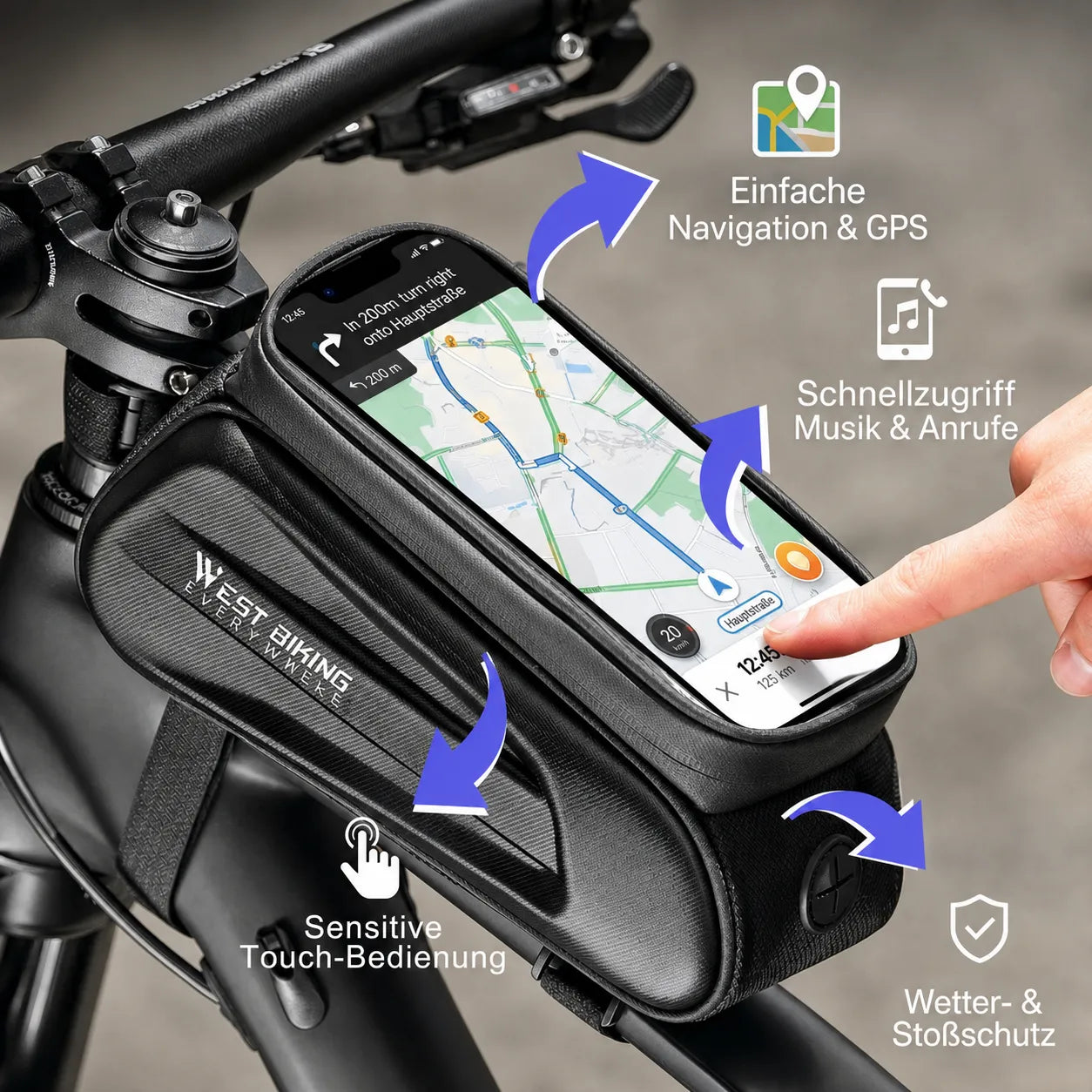 Fahrrad Rahmentasche mit Touch‑Sichtfenster – einfache Navigation per GPS, Smartphone‑Bedienung und Wetter‑ & Stoßschutz