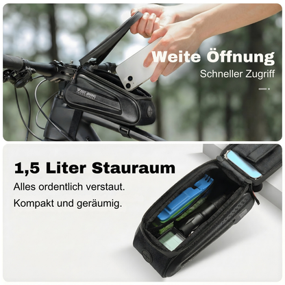 Geöffnete Rahmentasche mit Smartphone, Schlüssel und Kleingeld als Beispiel für den verfügbaren Stauraum