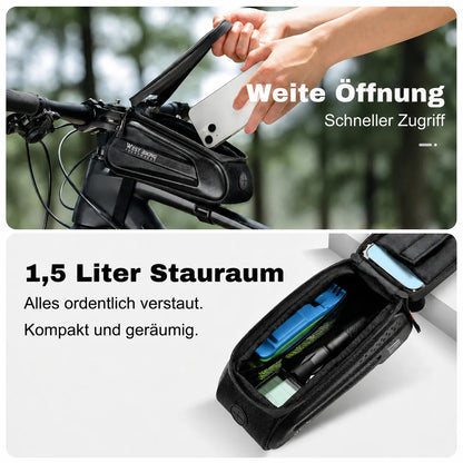 Fahrrad Rahmentasche mit Touch‑Sichtfenster und 1,5 Liter Stauraum – weite Öffnung für schnellen Zugriff unterwegs