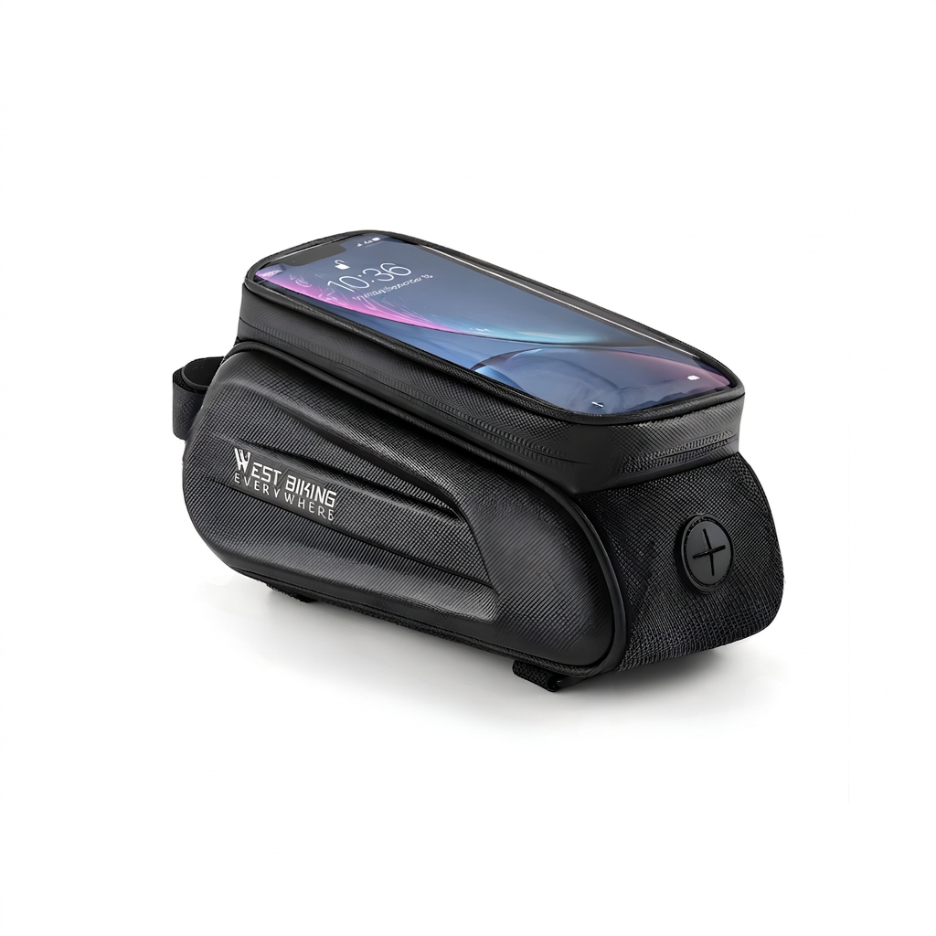 Lieferumfang der Fahrrad-Rahmentasche mit Tasche, Befestigungsgurten und Touch-Sichtfenster im Überblick