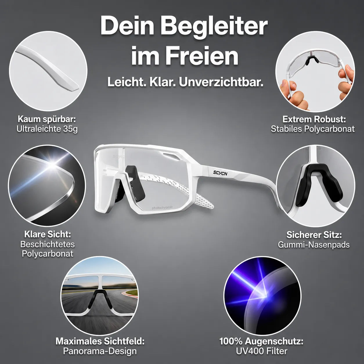 Fahrrad Sportbrille Photochromic mit UV400 Schutz und Panorama‑Sichtfeld – selbsttönende, ultraleichte Brille für maximale Klarheit