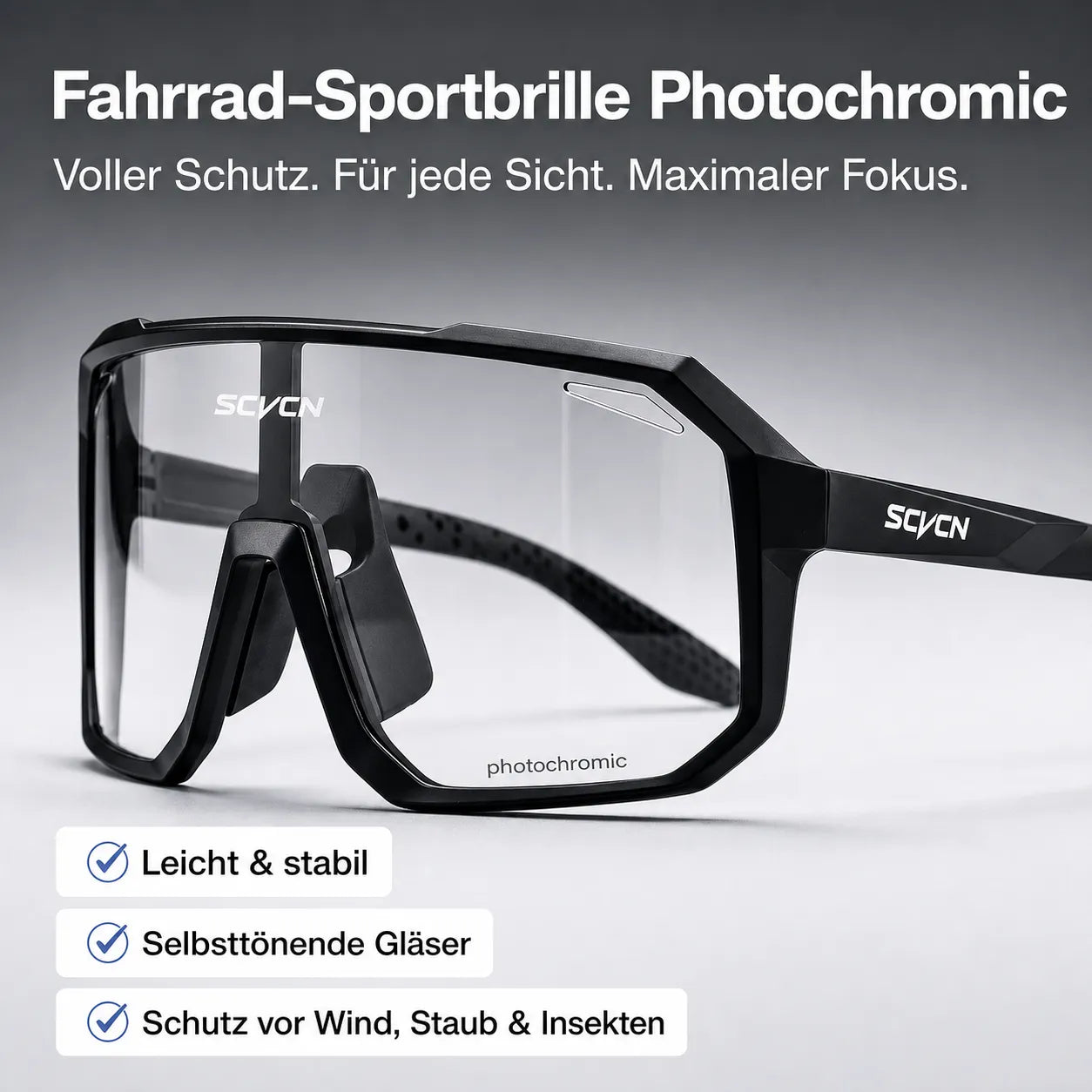 Fahrrad Sportbrille Photochromic mit selbsttönenden Gläsern – leichter und stabiler Schutz vor Wind, Staub und Insekten