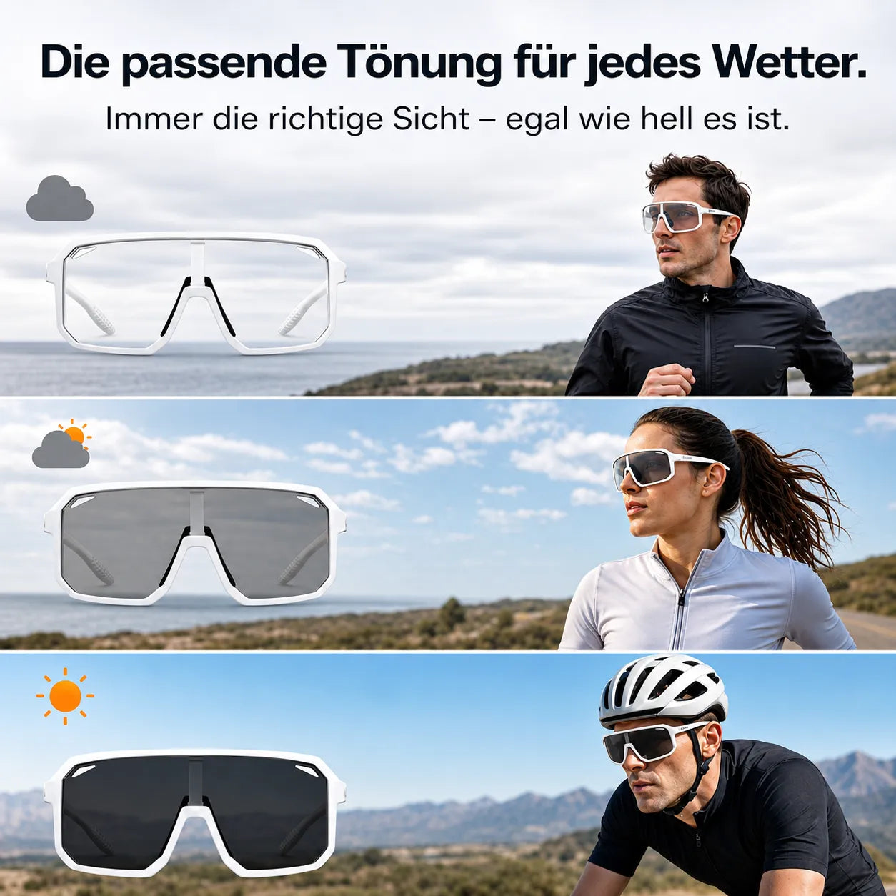 Fahrrad Sportbrille Photochromic mit selbsttönenden Gläsern – passt sich automatisch an Sonne und Bewölkung an für optimale Sicht