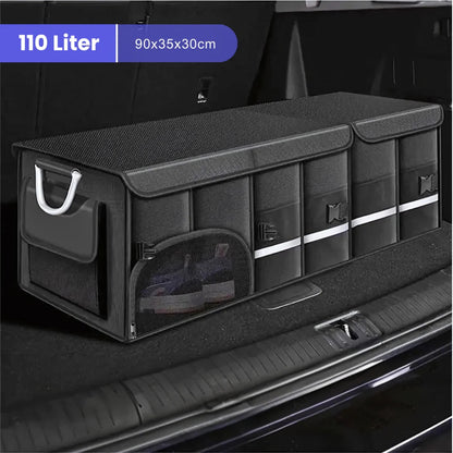 Nahaufnahme der verstärkten Seiten- und Bodenplatten des Kofferraum-Organizers für stabilen Halt bei Kurvenfahrten und Bremsmanövern