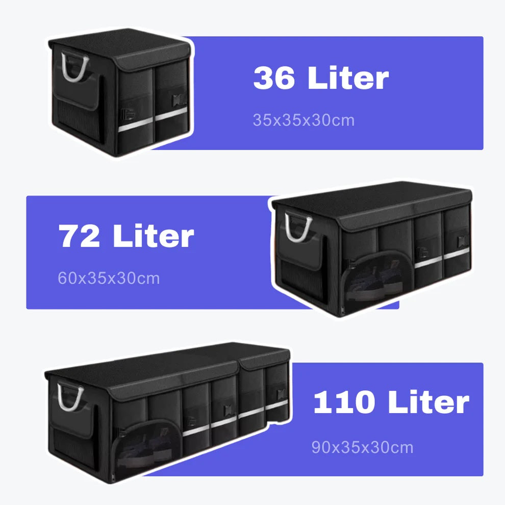 Vergleich eines unordentlichen Kofferraums ohne Organizer und eines aufgeräumten Kofferraums mit eingesetztem Organizer