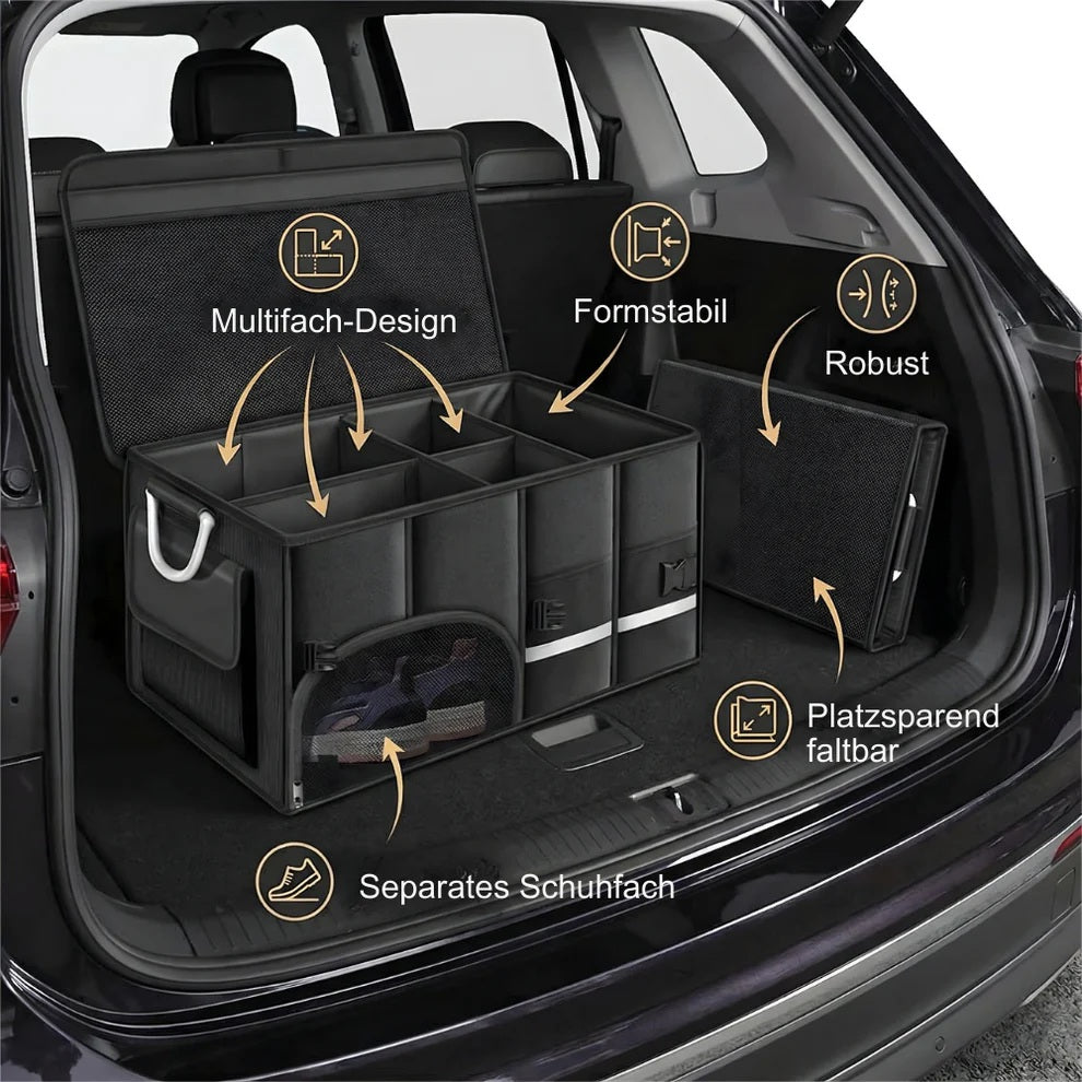 Kofferraum-Organizer mit separaten Fächern für Schuhe, Kleinteile und größere Gegenstände in übersichtlicher Anordnung