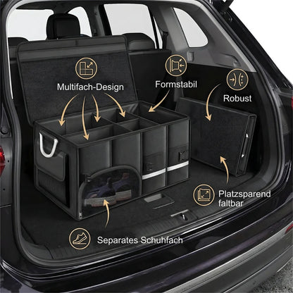 Kofferraum-Organizer mit separaten Fächern für Schuhe, Kleinteile und größere Gegenstände in übersichtlicher Anordnung