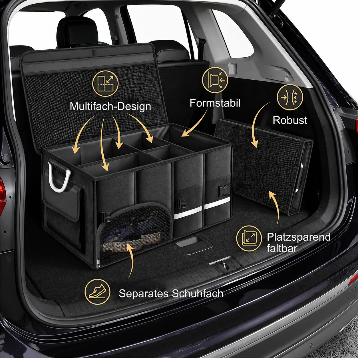 Faltbarer Kofferraum-Organizer mit Multifächern, Schuhfach und formstabilem Design für mehr Ordnung im Auto