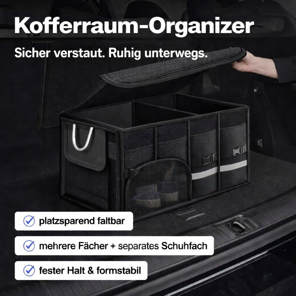 Stabiler Kofferraum-Organizer in Schwarz mit verstärkten Seitenwänden und variablen Trennfächern für geordneten Stauraum