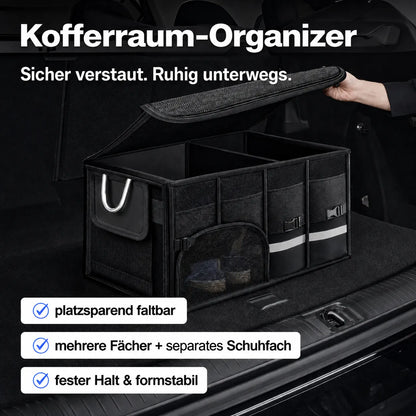 Faltbarer Kofferraum-Organizer mit Deckel, mehreren Fächern und stabilem Halt für Ordnung im Auto