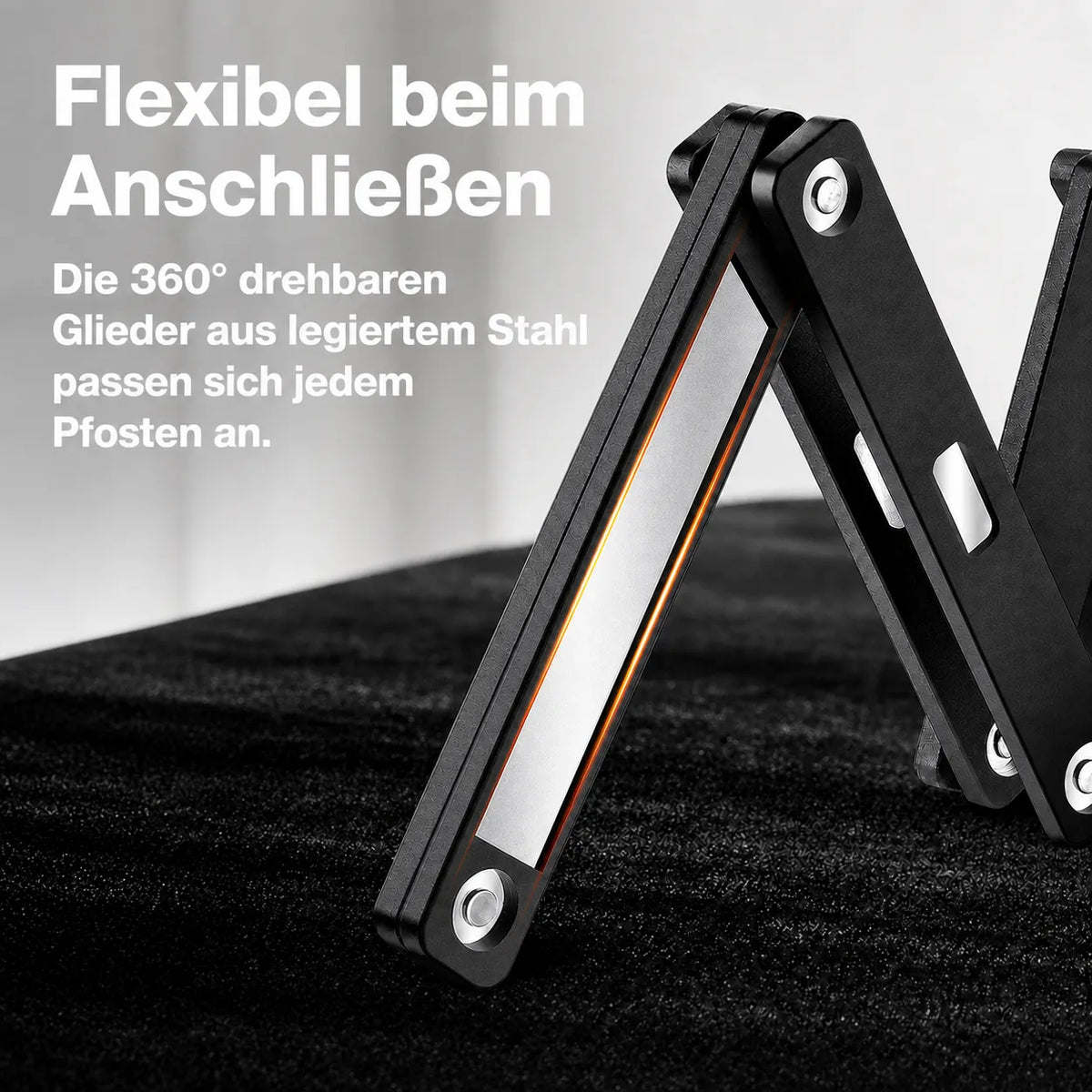 Faltbares Fahrradschloss: Kompakt verstaut & sicher geschützt. 360° flexibel aus legiertem Stahl für jedes Bike.