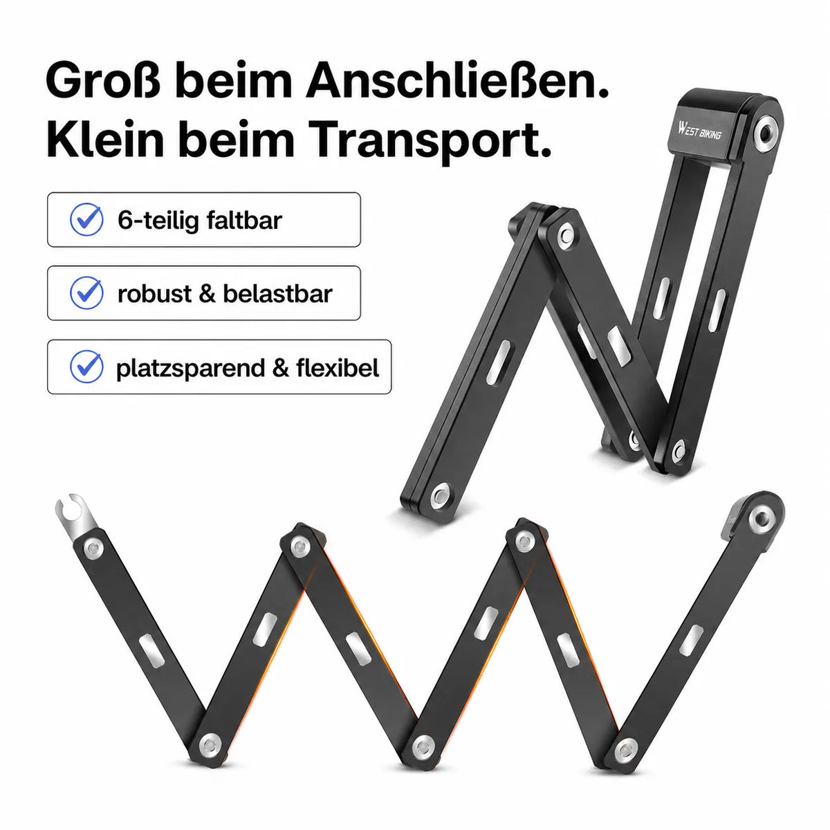 Faltbares Fahrradschloss: Kompakt verstaut & sicher geschützt. 6-teilig faltbar, robust & flexibel beim Anschließen.