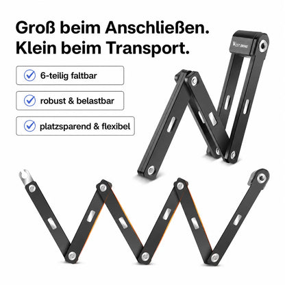 Faltbares Fahrradschloss: Kompakt verstaut & sicher geschützt. 6-teilig faltbar, robust & flexibel beim Anschließen.