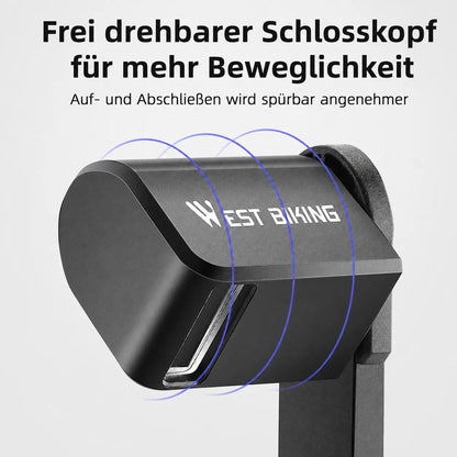 Faltbares Fahrradschloss: Kompakt verstaut & sicher geschützt. Frei drehbarer Kopf für komfortables Abschließen.