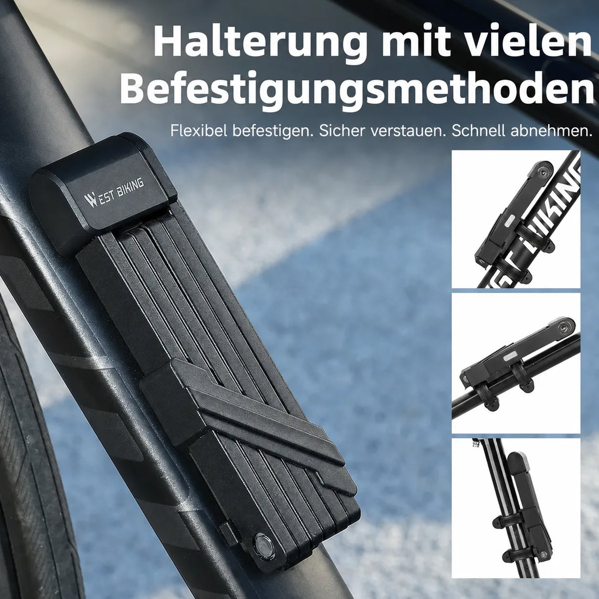 Faltbares Fahrradschloss: Kompakt verstaut & sicher geschützt mit flexibler Halterung für jeden Fahrradrahmen.