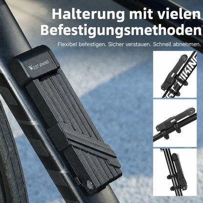 Faltbares Fahrradschloss: Kompakt verstaut & sicher geschützt mit flexibler Halterung für jeden Fahrradrahmen.