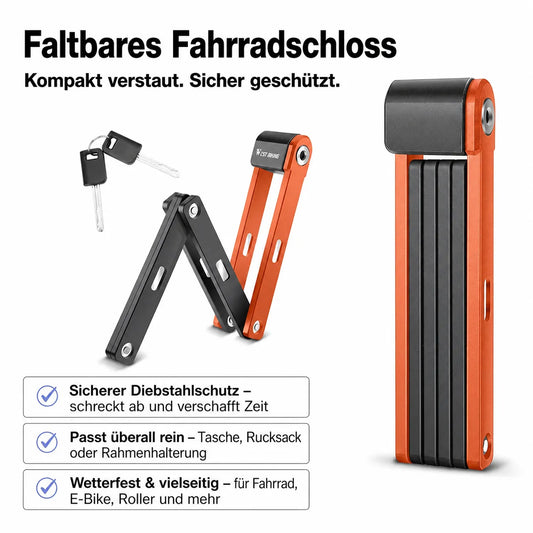 Faltbares Fahrradschloss in Orange: Kompakt verstaut & sicher geschützt. Hoher Diebstahlschutz für Bike & E-Bike.