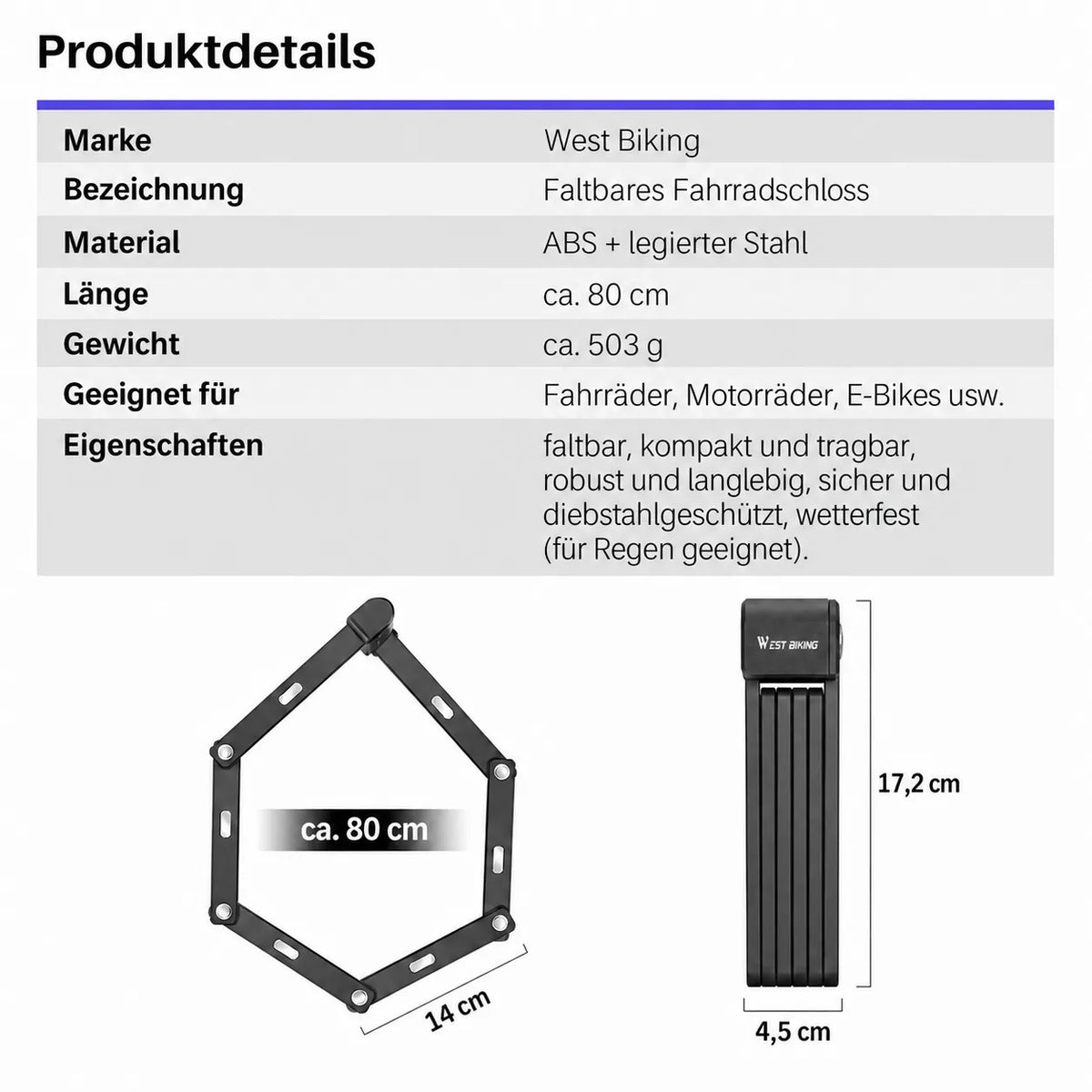 Faltbares Fahrradschloss Produktdaten: 80cm Länge, legierter Stahl. Kompakt verstaut & sicher geschützt für dein Bike.