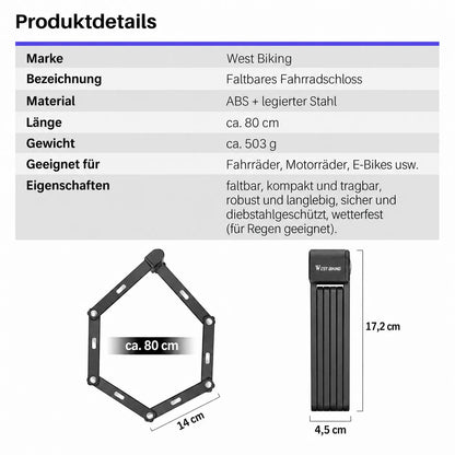 Faltbares Fahrradschloss Produktdaten: 80cm Länge, legierter Stahl. Kompakt verstaut & sicher geschützt für dein Bike.