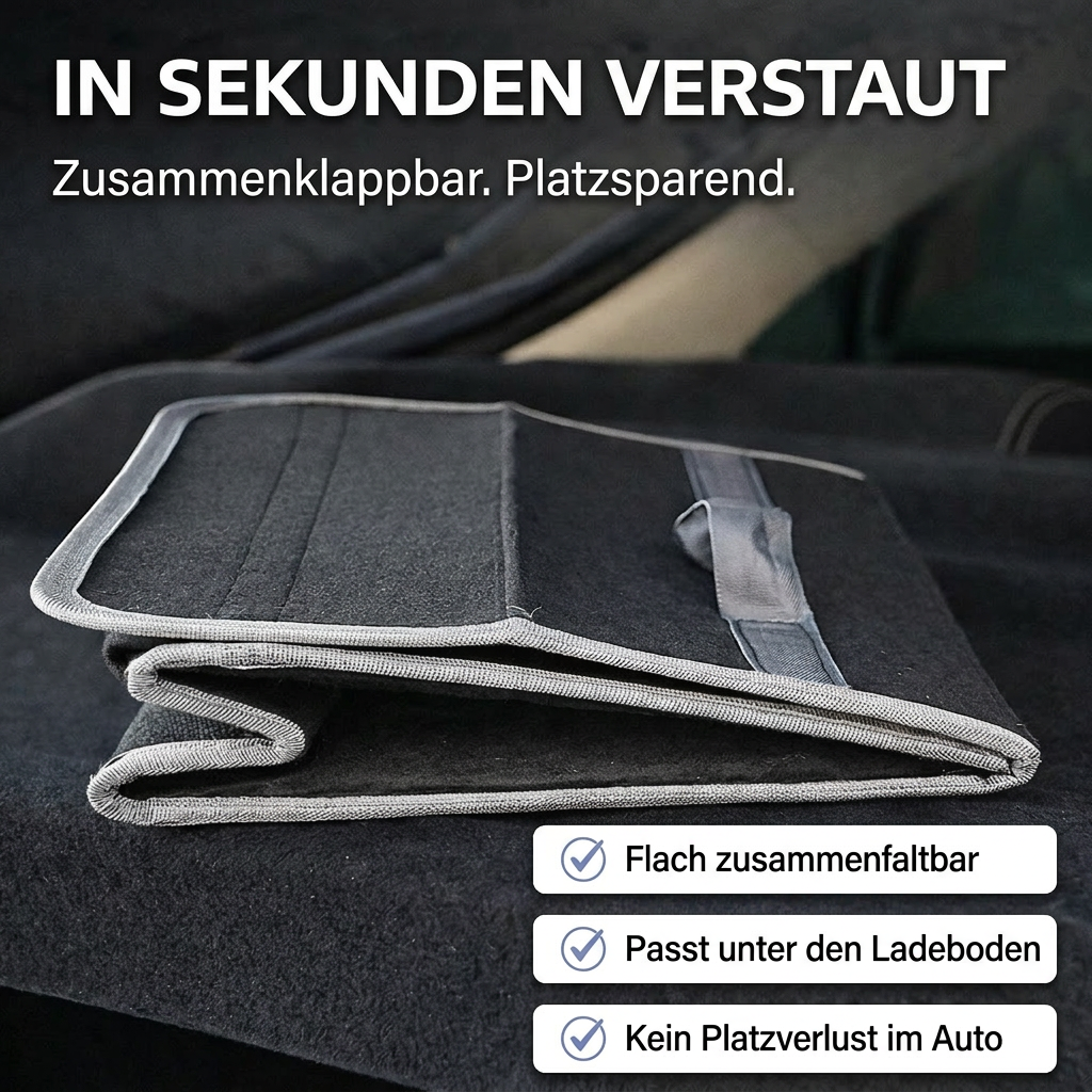 Zusammengeklappter Filz-Kofferraum-Organizer – platzsparend verstaut mit nur wenigen Handgriffen