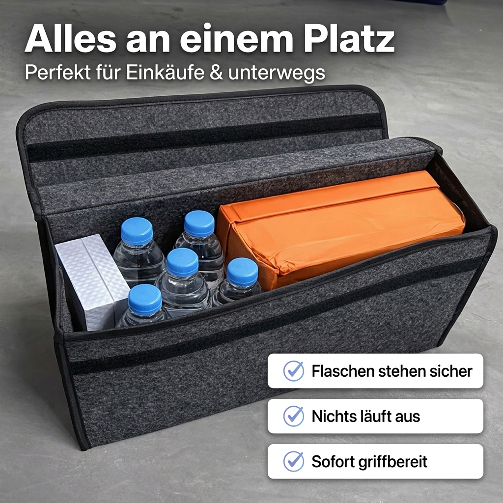 Unterseite des Organizers mit durchgehender Anti-Rutsch-Klettfläche für sicheren Halt im Kofferraum
