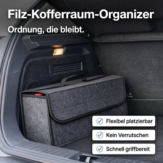 Grauer Filz-Kofferraum-Organizer von Fahrfreude24 komplett ausgeklappt im Kofferraum eines SUVs