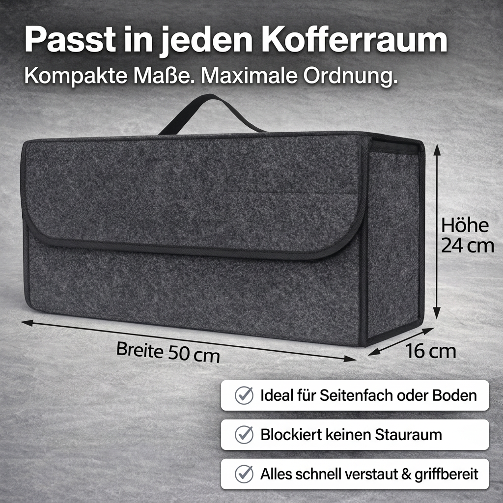 Maßtabelle des Fahrfreude24 Filz-Kofferraum-Organizers: 50 × 24 × 16 cm