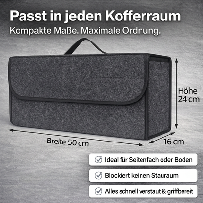 Maßtabelle des Fahrfreude24 Filz-Kofferraum-Organizers: 50 × 24 × 16 cm