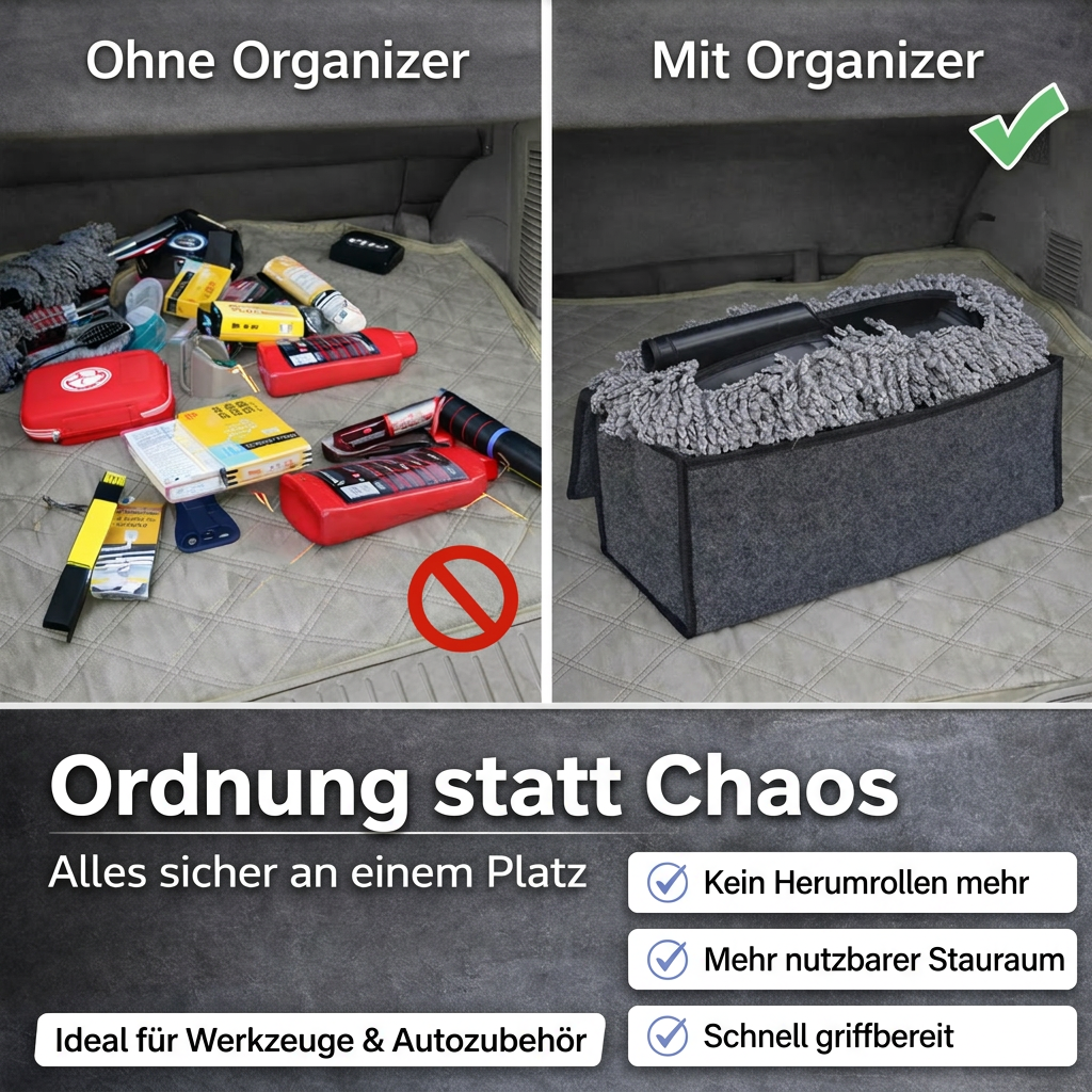Kofferraum vor und nach dem Einsatz des Fahrfreude24 Filz-Organizers – übersichtlich und rutschfest sortiert