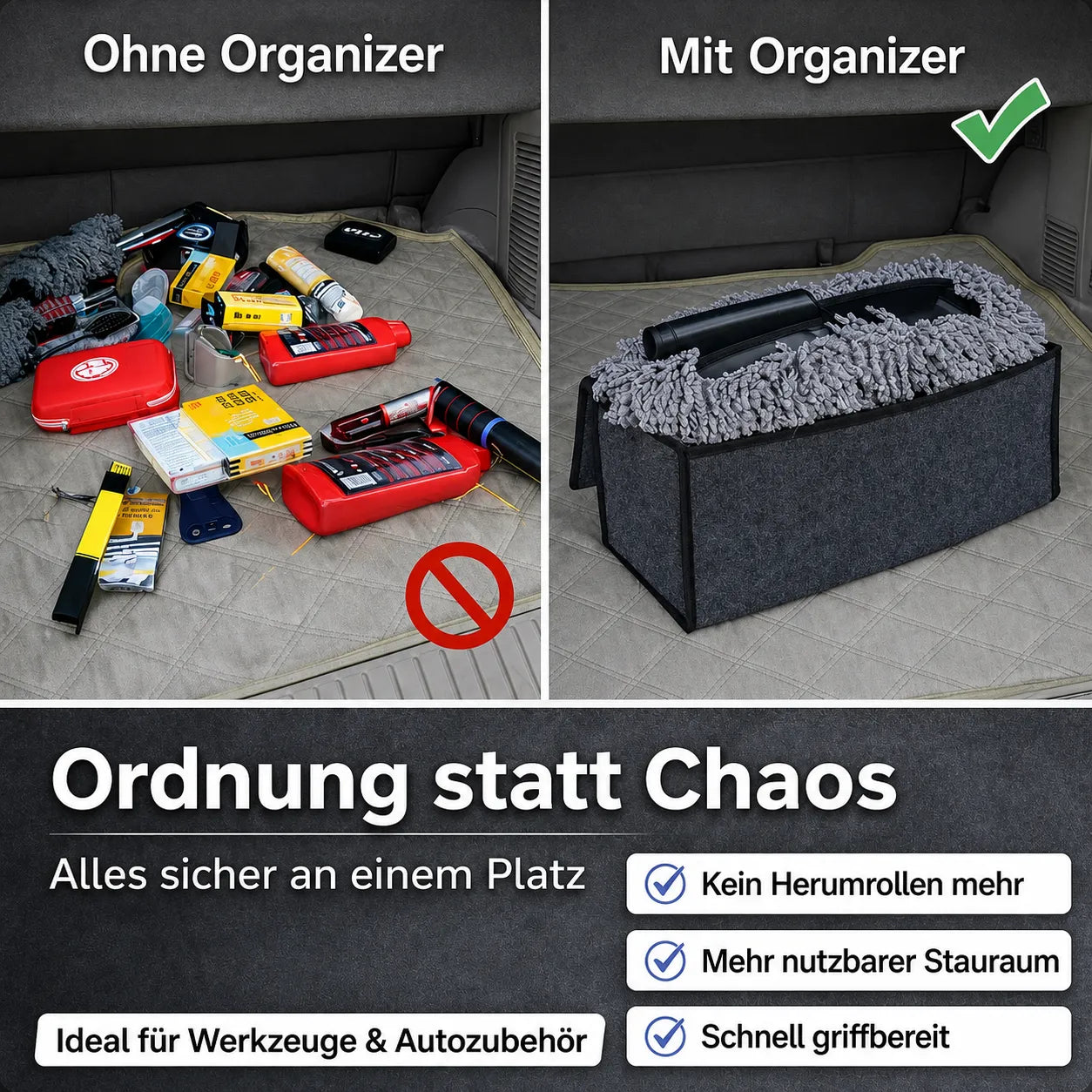 Filz-Kofferraum-Organizer für Ordnung statt Chaos, ideal für Werkzeuge und Autozubehör im Kofferraum