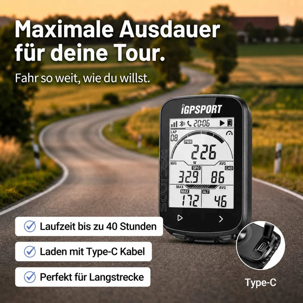 GPS-Fahrradcomputer mit 40h Akkulaufzeit, Type-C Ladeanschluss und großem Display für Langstrecken