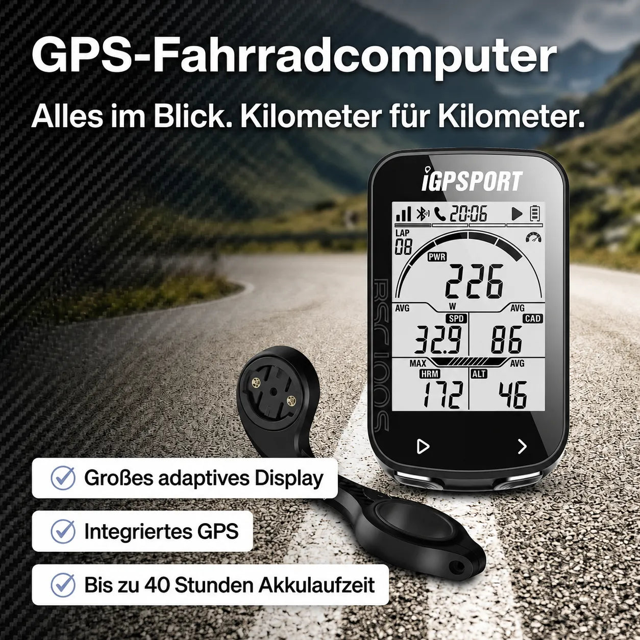 GPS-Fahrradcomputer mit großem Display, integriertem GPS und bis zu 40 Stunden Akkulaufzeit