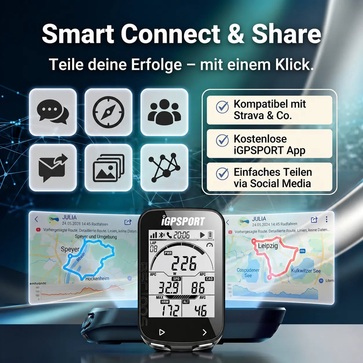 GPS-Fahrradcomputer mit App-Anbindung, Strava-Kompatibilität und einfachem Teilen deiner Touren