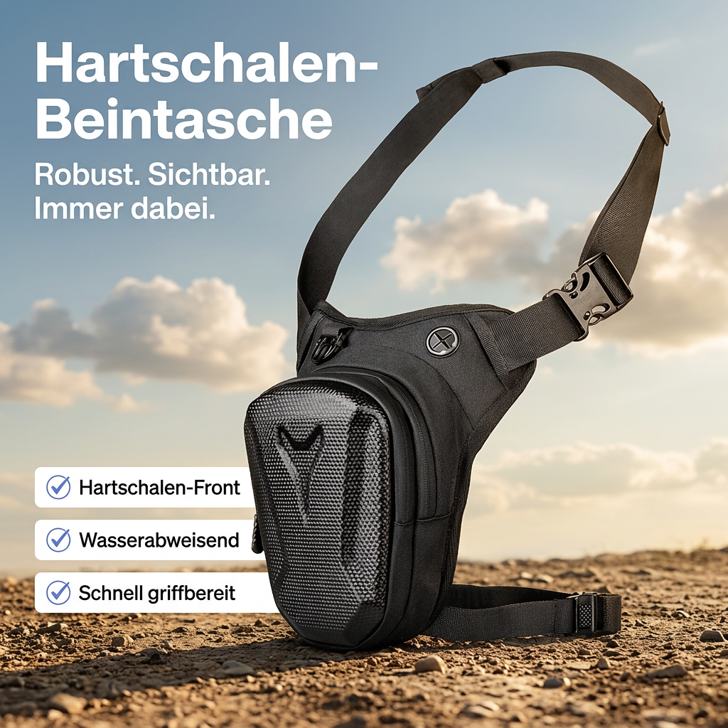 Schwarze Hartschalen-Beintasche mit wasserabweisender Front und verstellbarem Tragegurt