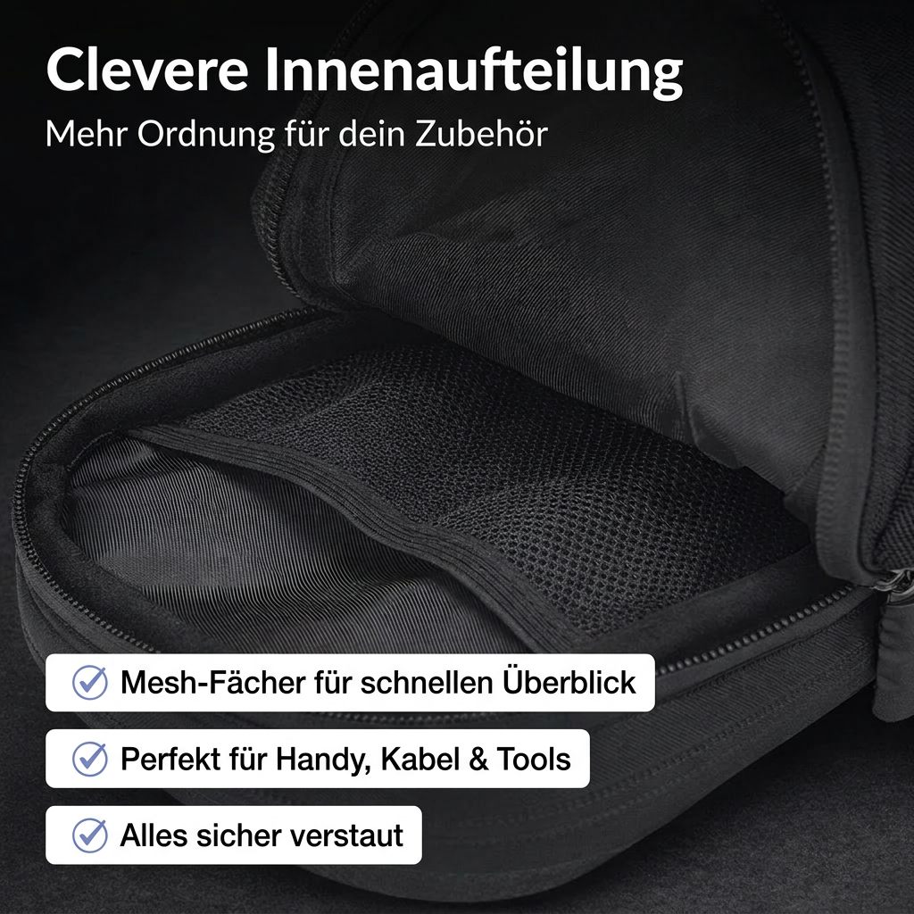 Geöffnete schwarze Beintasche mit Innenfach und Mesh-Fach