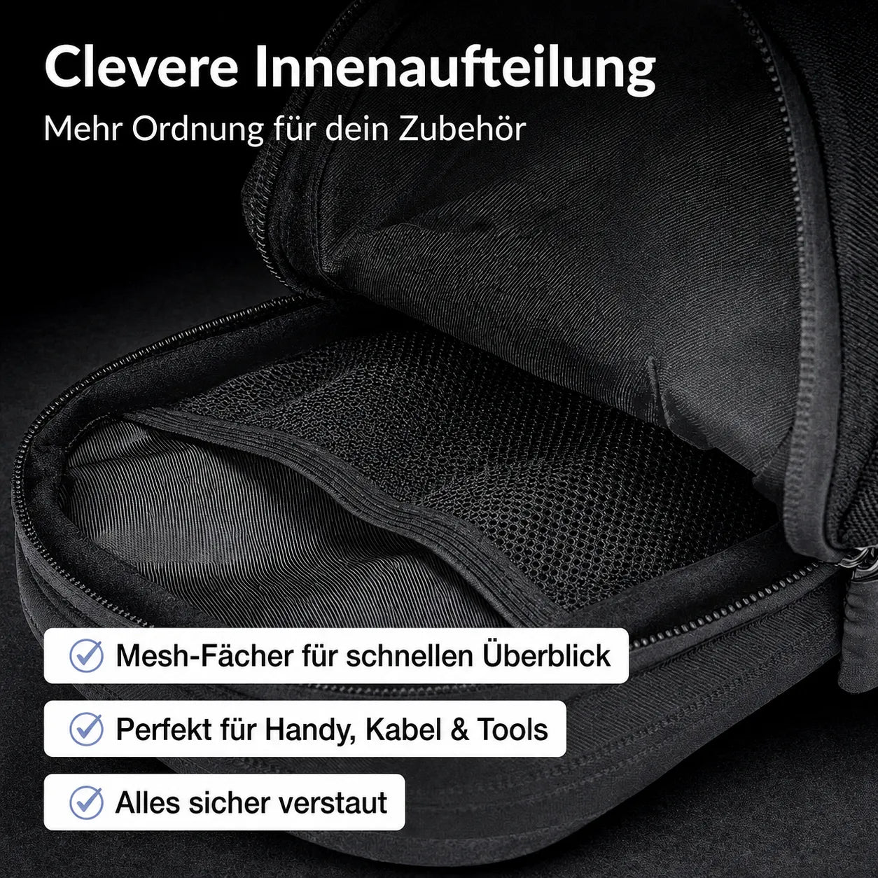 Hartschalen-Beintasche mit cleverer Innenaufteilung, Mesh-Fächern und sicherem Stauraum für Handy & Tools