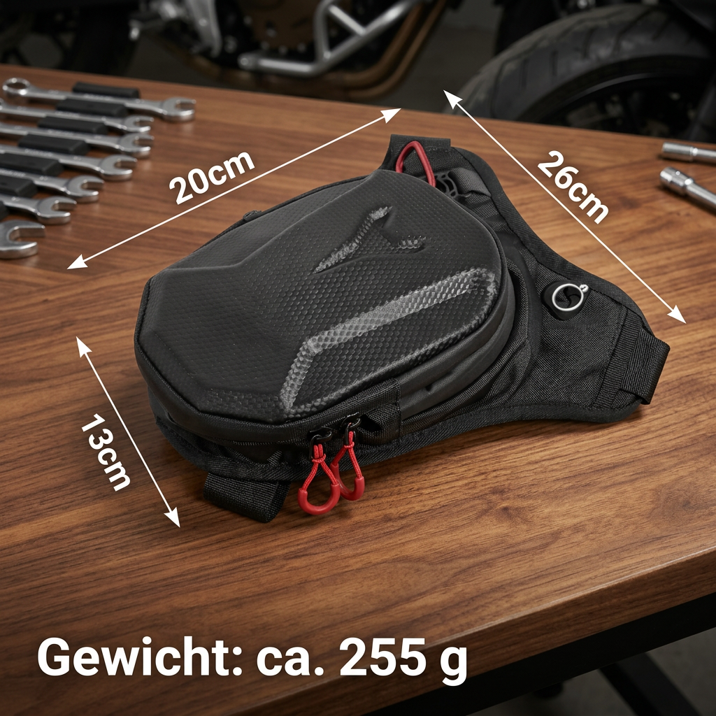 Schwarze Hartschalen-Beintasche mit Maßangaben und Gewicht auf Holztisch