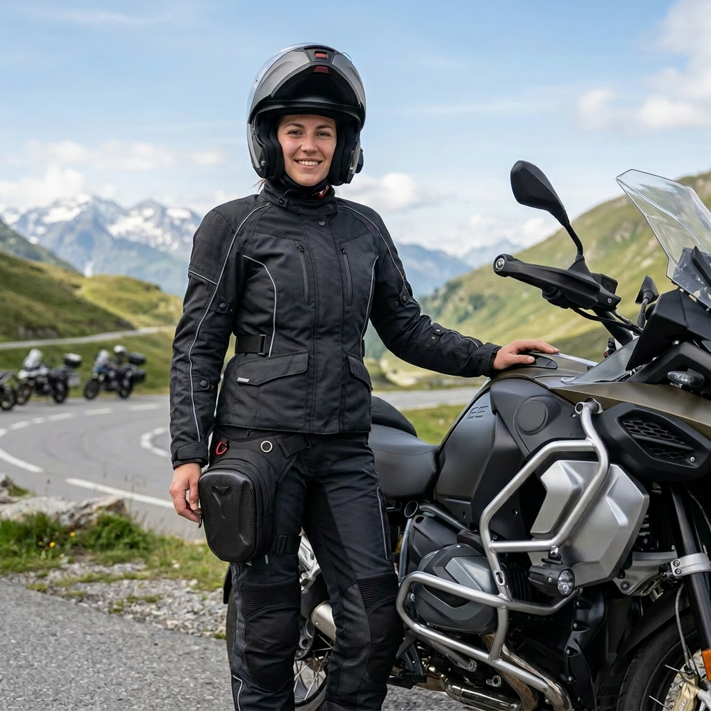 Person in Motorradbekleidung mit schwarzer Hartschalen-Beintasche neben einem Motorrad