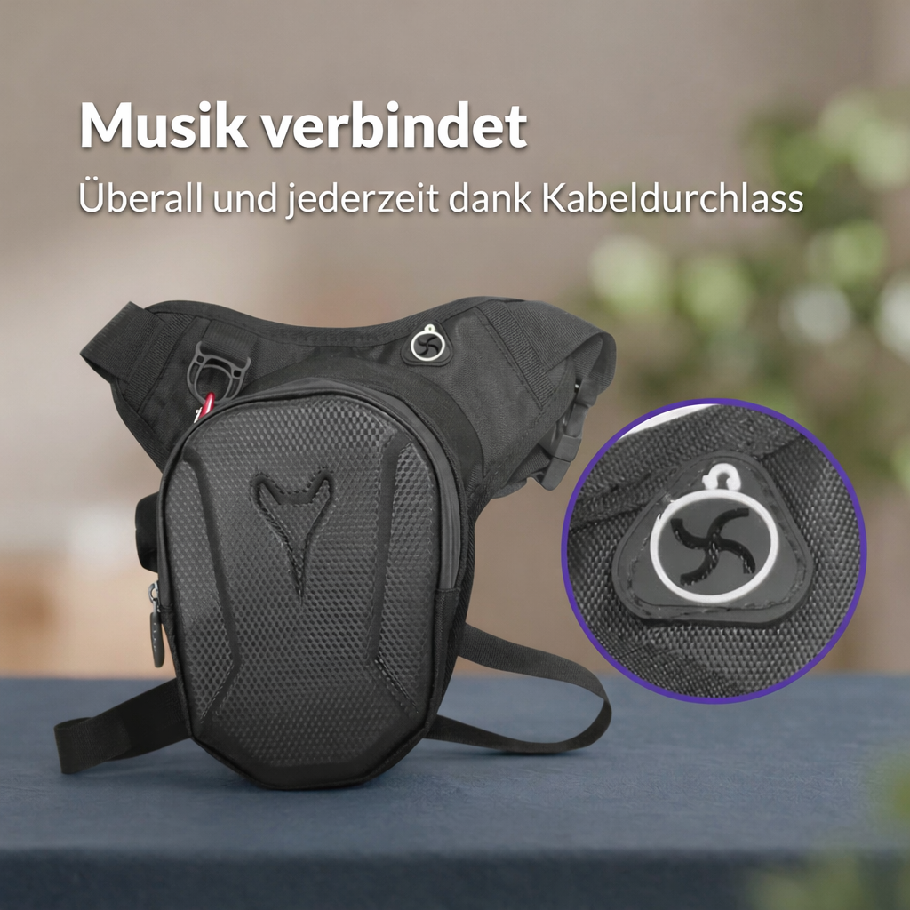 Schwarze Hartschalen-Beintasche mit Kabeldurchlass und verstellbaren Gurten