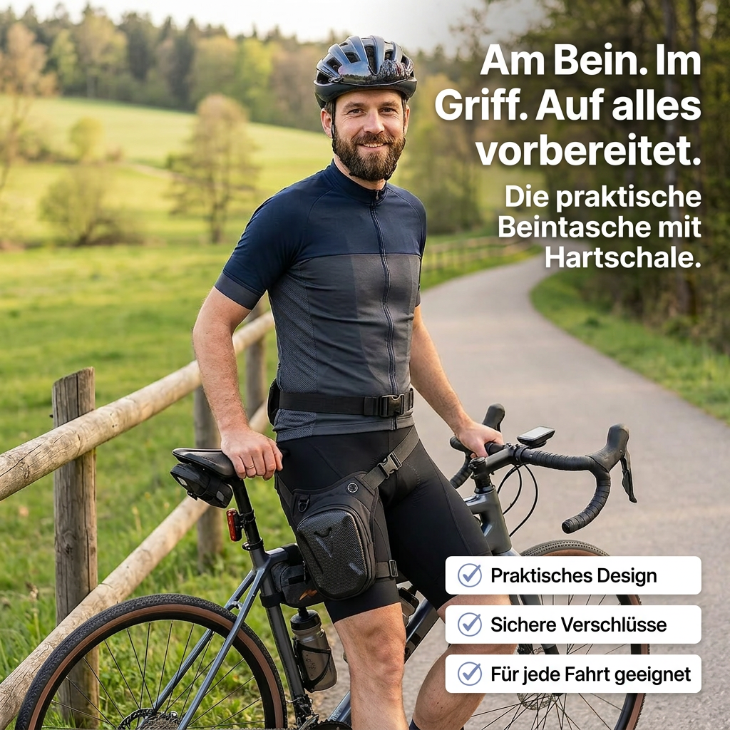 Person mit schwarzer Hartschalen-Beintasche am Oberschenkel auf einem Fahrrad