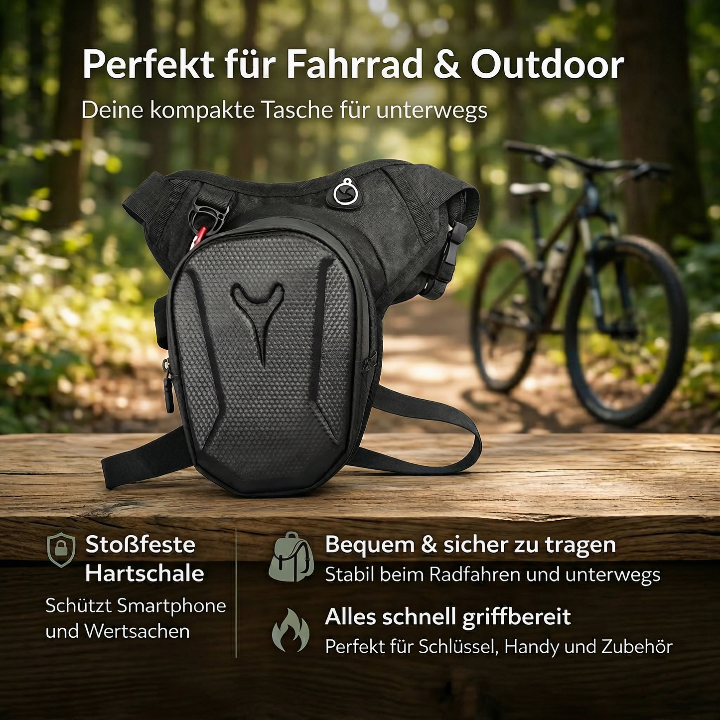 Schwarze Hartschalen-Beintasche auf Holzbank im Outdoor-Einsatz