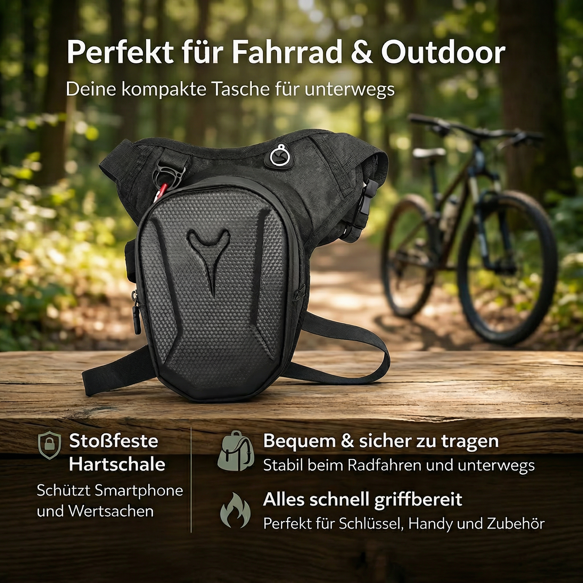 Schwarze Hartschalen-Beintasche auf Holzbank im Outdoor-Einsatz