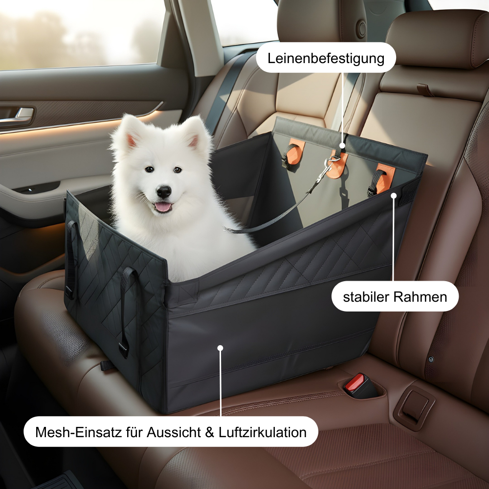 Hunde-Autositz mit Leinenbefestigung, stabilem Rahmen. Mesh-Einsatz für Aussicht und Luftzirkulation.